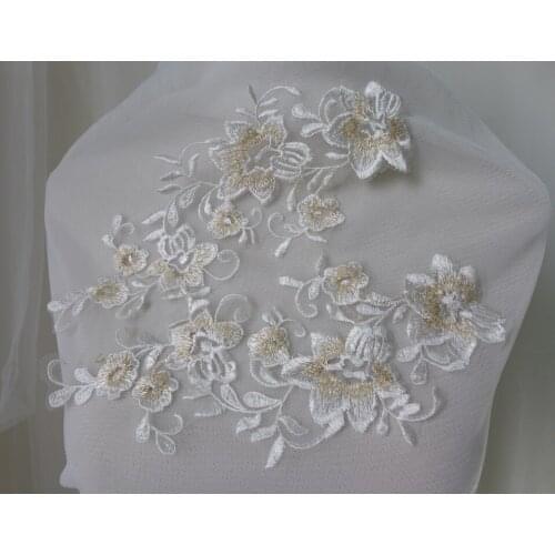 Exquisite Ivory White Lace Applique Gold Flower Embroidered Lace Trim Patches For Sewing Wedding Dress