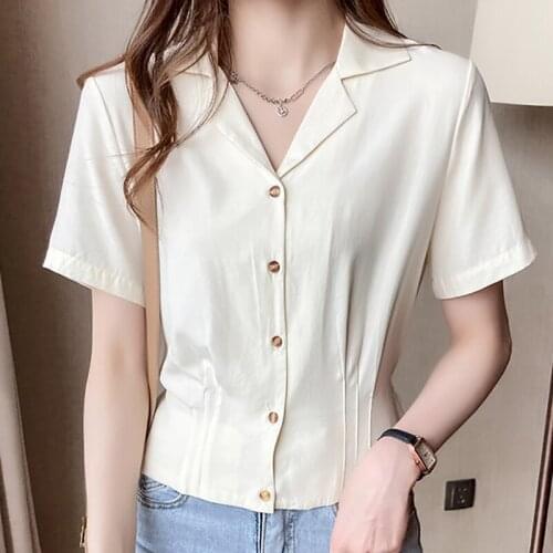 Short Slim Button Chiffon Blouse Turn-down Collar Shirt Women 2021 New Summer Tops Korean Style Woman Clothes Chemisier Femme
