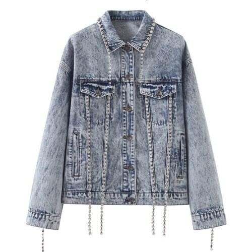 2021 New Spring Women Loose Denim Jacket Beading Tassel Jean Coat Female Fashion Retro Style Casual Outerwear Y1245