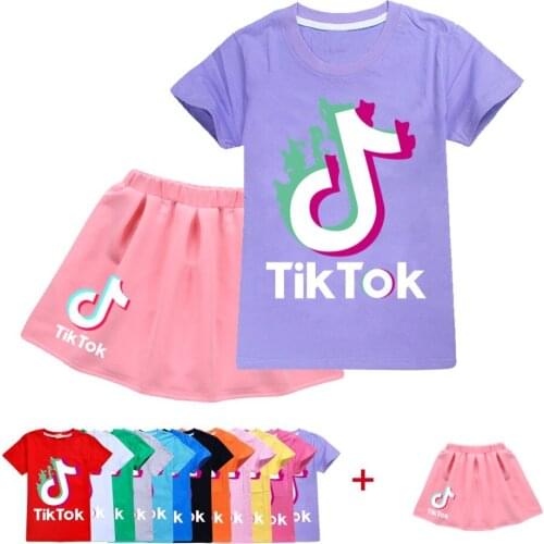 TIK TOK Summer Fashion Cute Cartoon Childrens Girl Skirt Suit T-shirt Short Sleeve Skirt Set Gifts