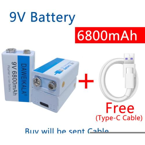 9V battery 9V 6800mAh li-ion Rechargeable battery Micro USB Battery 9v lithium for Multimeter Microphone Toy +USB charging cable