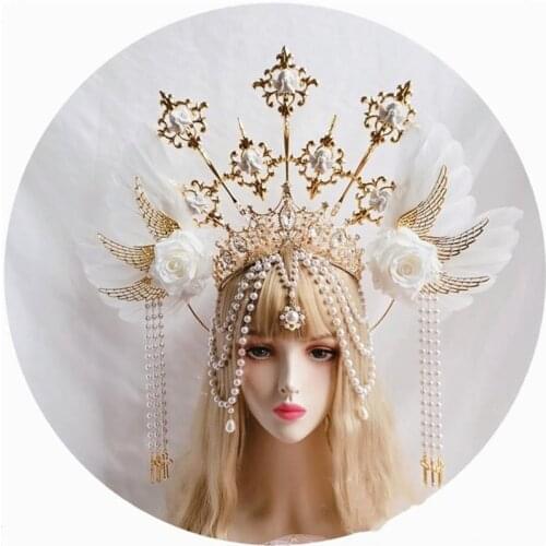 Lolita Vintage Headband Angel Gold Halo Goddess Headpiece Virgin Mary Halo Crown Bead Chain Baroque Tiara Headwear