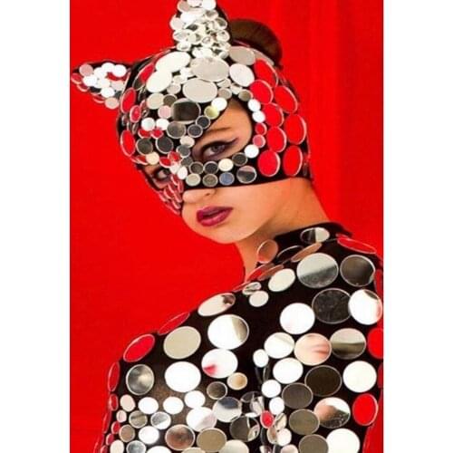Cat mask mirror bodysuit Model costume Catwalk stage dance wear Round Mirror Jumpsuit Sequin Mirror Light One-Piece Outfit