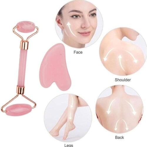 Face Massage Natural Quartz Jade Roller Gua Sha Set Body Roller Jade Stone Massage Set Face Lifting Beauty Massage Tool
