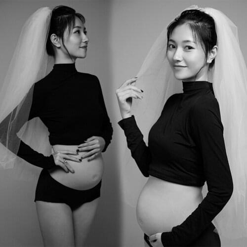 Maternity Clothing for Photoshoot Korean Simple Style Black Pregnancy Clothes and Top Veil Zwangerschaps Jurk Voor Fotografie
