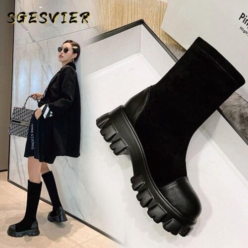 Sgesvier winter autumn platform wedges heels womans shoes extra big size 44 45 46 stretch socks booties womens slip-on goth boo