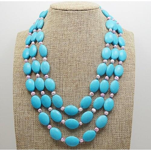 3rows Real Pearl Blue Stone Necklace Blue Turquoises Genuine Freshwater Pearl Necklace Rhinestone Clasp Perfect Women Gift