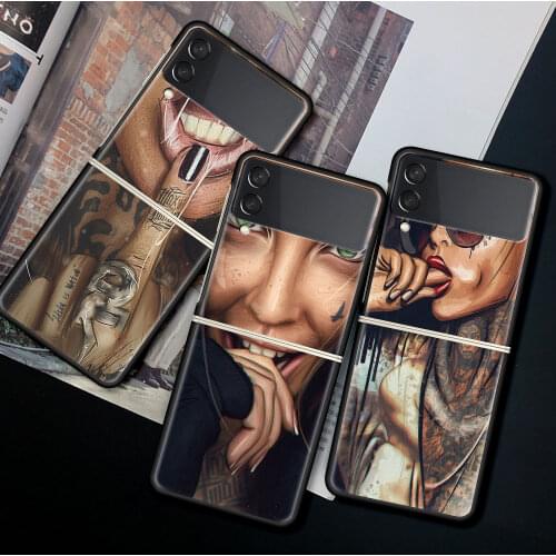 For Samsung Galaxy Z Flip 3 5G Case Luxury Matte Black Hard Phone Cover ZFlip 3 Shockproof Fundas Shell Cool Tattoo Girl Coque