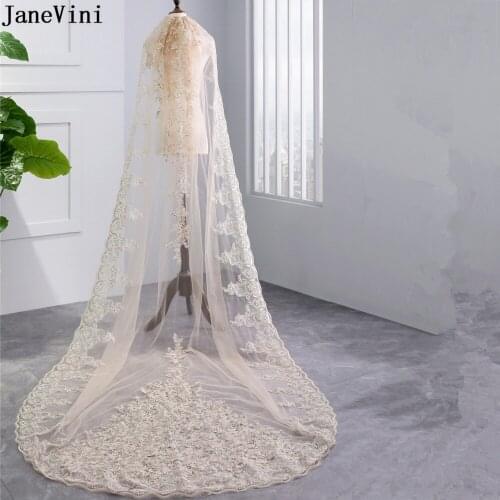 JaneVini Luxurious Long Wedding Veil Lace Edge Sequins Champagne Cathedral Length Bridal Veils with Comb Voile Mariage Longues