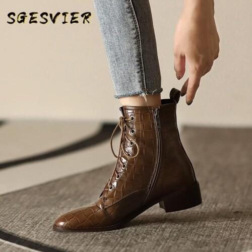 Sgesvier Cow Leather thick-heel Martin boots womens flat-bottomed British style retro short boots wild brown side zipper