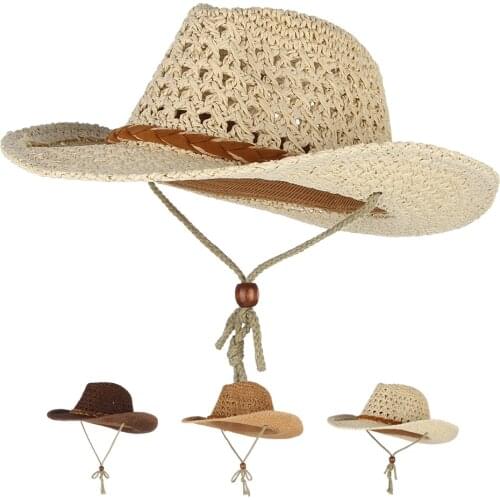 Cowboy Hat Summer Hats For Men Women Paper Straw Woven Wide Brim Hollow Out Straw Hat Wind Lanyard Unisex Beach Sun Hat