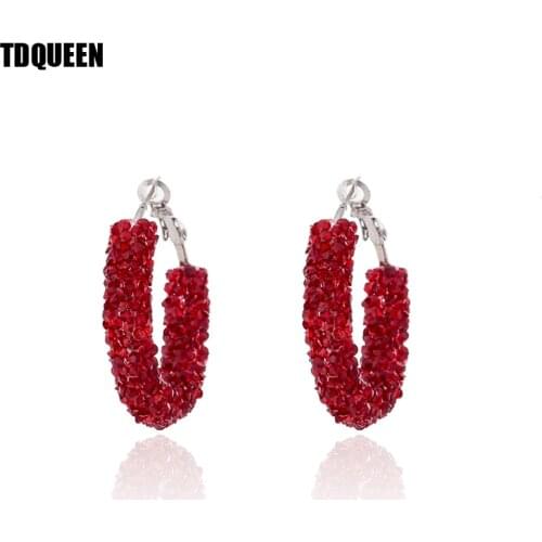TDQUEEN New Fashion Hoop Earrings for Women Shiny Crystal Multi color Rhinestone Big Round Circle Silver Metal Earrings jewelry