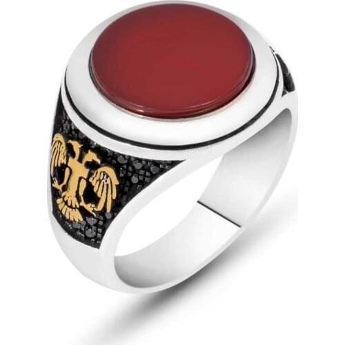 Tevuli 925 Sterling Silver Agate Stone Double-Headed Eagle Men 'S Ring