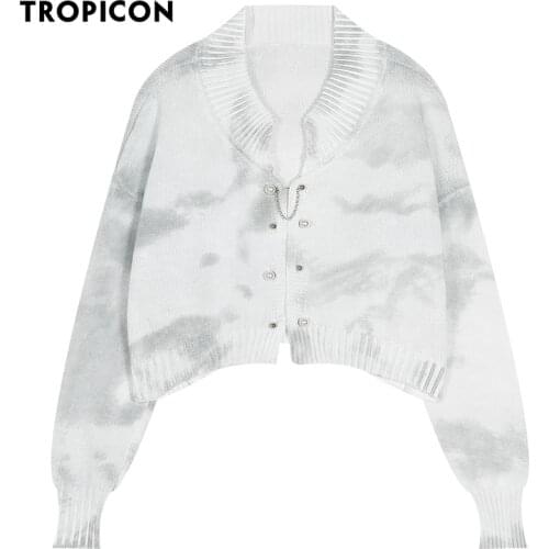 TROPICON Tie Dye Grey Pin Cardigan Women Sweater Cropped Knitted Cardigan Long Sleeve Autumn Winter High Fashion 2020
