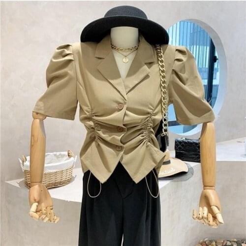 Drawstring Solid Women Shirts Summer New 2021 Solid Half Sleeved Vintage Female Office Lady Outwear Coats Tops