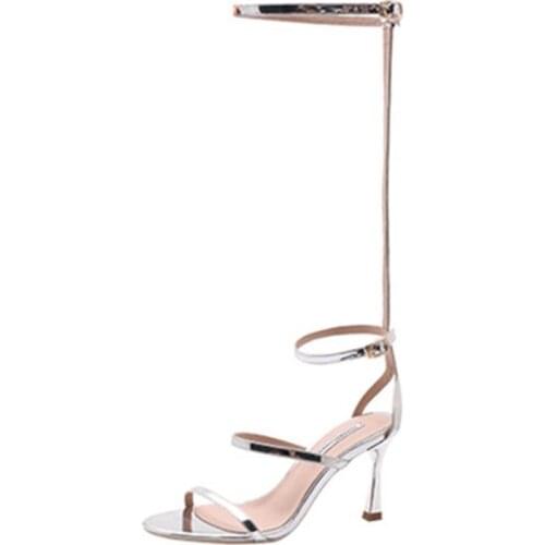 Women sandals PU Buckle Strap 8CM Thin Heels High heels Round Toe Shallow women shoes sandalias mujer 2020 size 35-42 Silver