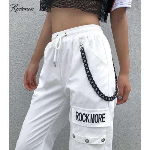Rockmore Black Cargo Pants With Chain Pockets Women High Waist Trousers White Wide Leg Pants Femme Pant Winter Streetwear Fall