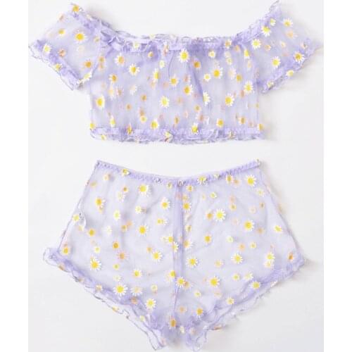 Women Exotic Sets Sexy Lace Floral Little Daisy See Through Transparent Off Shoulder Puff Sleeve Lace Up Cropped Bra Top+Shorts