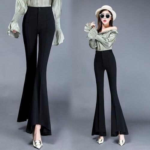 Women 2021 Spring Autumn Fashion High Waist Slim Trousers Female Solid Color Long Pants Ladies New Casual Flare Trousers Q788