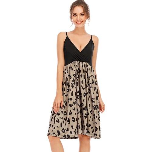 Woman Sexy Spaghetti Backless Summer Dress Fashion Deep V-neck Big Hem Vestidos Leopard Print Patchwork Dresses For Women 2021