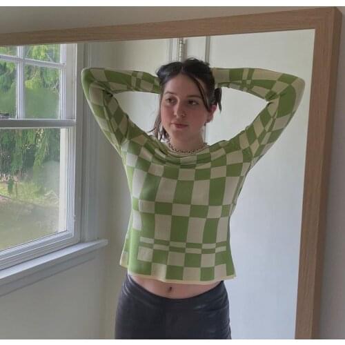 Womens Casual Plaid Knitted Sweater E-Girl Long Sleeve Round Collar Pullover Top Y2K Spring Autumn Knitwear Streetwear