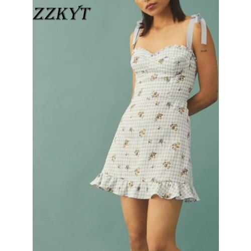 ZZKYT 2021 Women Summer Fashion Floral Print Mini Dress Vintage Sleeveless Backless Elasticity Bow Tie Straps Female Dresses