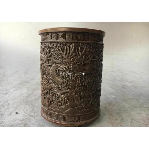5.5'' red copper carvings office fengshui decor five dragon brush pot statue