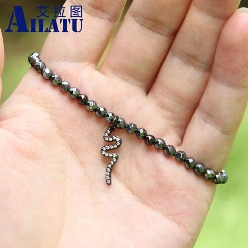 Ailatu High Quality 4mm Faceted Hematite Stone Beads with Micro Pave Clear Zircons Snake Cz Beads Bracelets Animal Shape