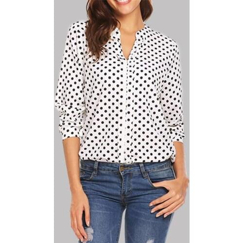 3XL 4XL 5XL Plus Size Tunics Women Blouse Shirt Vintage Polka Dot Tops V Neckline Rolled Long Sleeve Loose Elegant Blouse Ladies
