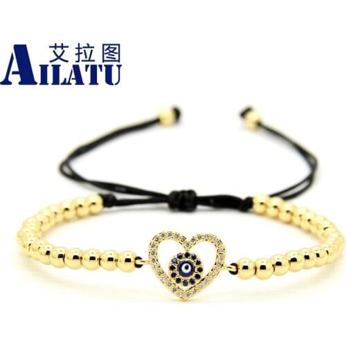 Ailatu Brand Men Bracelets Love Heart Cz Turkey Religious Eye Macrame Bracelets Wholesale 10pcs/lot 4mm Copper Beads