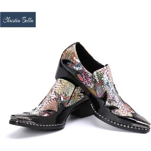 Christia Bella Fashion Real Leather Patchwork Men Party Shoes Square Toe Formal Dress Shoes Increase Height Business Footwear