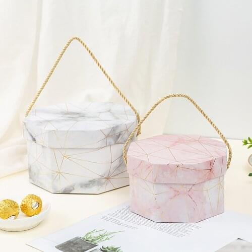 Flower Packaging Box Marble Style Cardboard Boxes Hexagon Bucket Flower Wrapping Candy ValentineS Day Wedding Gifts Case