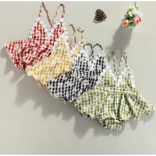 Infant Baby Girl V-Neck Backless Floral Rompers Ruffle Halter Jumpsuit Newborn Plaid Bodysuit Summer Clothes