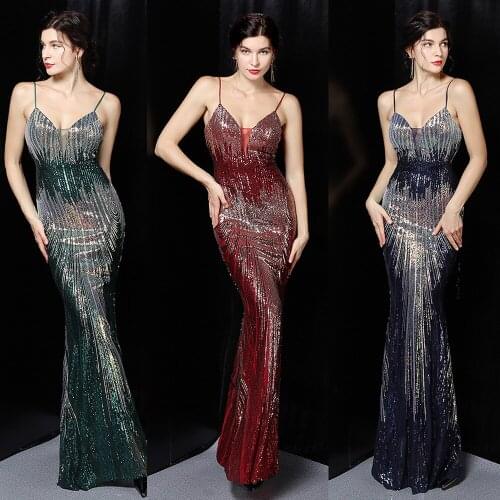 Gradient Sequins Cocktail Dress V-Neck Backless Sexy Sleeveless Party Dress Women Spaghetti Strap Formal Prom Party Gown XUCTHHC
