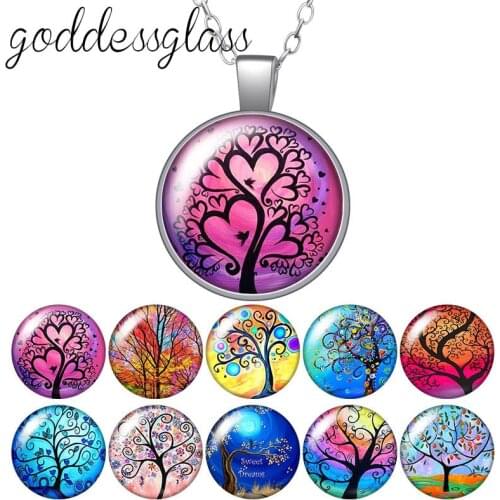 Colorful Life of tree beauty Round Glass glass cabochon silver plated/Crystal pendant necklace jewelry Gift