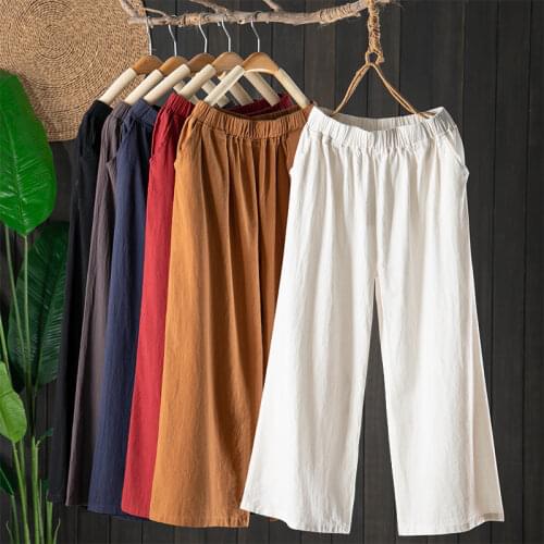 Summer Womens Pants Cotton High Waist Wide Leg Pant Womens Plus Size Pants Solid Color Calf-length Pants Streetwear Women