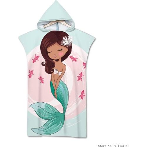 Cartoon Cute Mermaid Double-sided Printed Bath Towel Microfiber Printed Hooded Beach Towels Adult Quick-dry Swimming Pool Robe