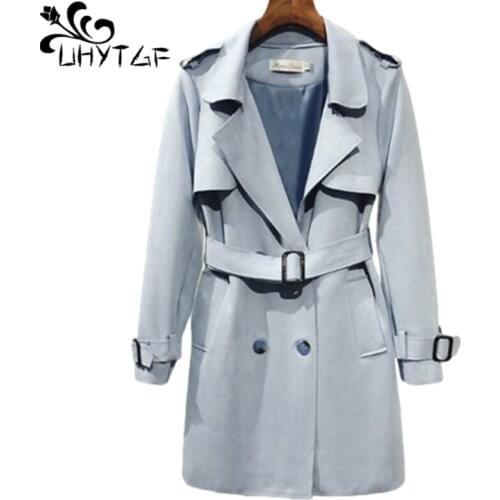 UHYTGF New Deerskin Velvet Autumn Coat Womens Fashion Double-Breasted Elegant Student Windbreaker Female Casual Outerwear 1141