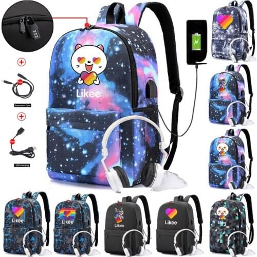 New Likee Canvas Backpack USB Charge Women Student Backpack Letters Print School Bag Teenager Boys Girls Anti-theft Backpack