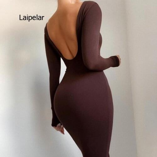 Hot Sale 2021 Spring New Sexy Open Back Round Neck Long Sleeve Dress Elegant Womens Fashion