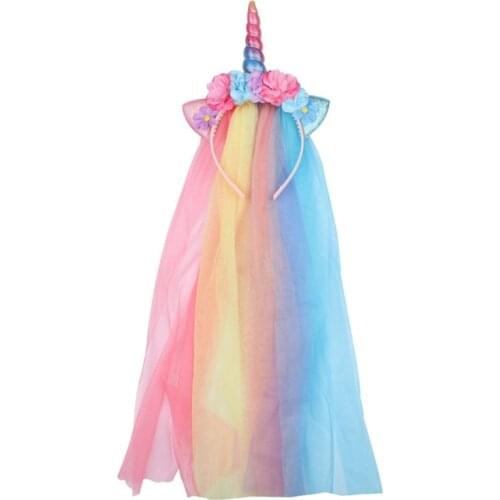 Rainbow Unicorn Headband Glitter Cat Ears Headband with Long Tulle Party Unicorn Hair Accessories Girls Unicorn Hair Band