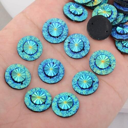 BOLIAO New 15Pcs 16*16mm(0.63*0.63 in) Round Resin With 2 Hole Dark Blue Flatback AB Color Sew on Home Holiday Decoration DIY