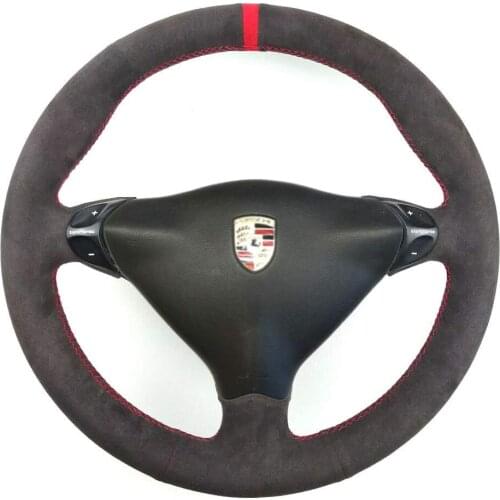 DIY All Black Suede Leather Steering Wheel Red Stitch on Wrap Cover Fit For Porsche 911 986 996 Carrera Boxster S