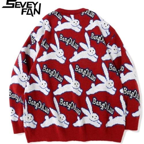 SEVEYFAN Mens Cartoon Rabbit Jacquard Sweater Fashion Loose Cotton Pullover Knitwear for Couples