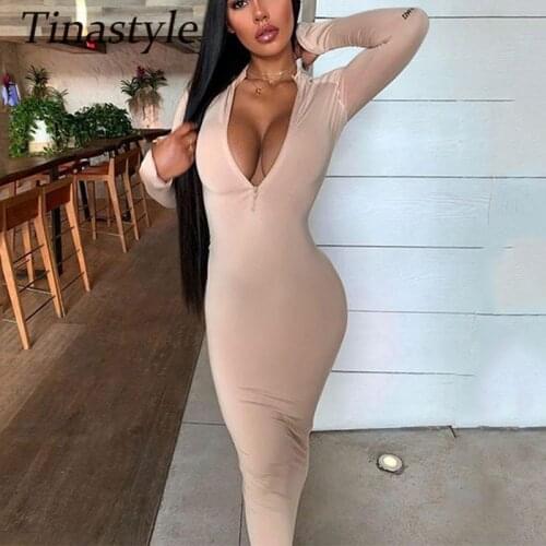 Tinastyle Zipper Skiny Long Winter Dress for Women Long Sleeve Bodycon Pencil Christmas Dress Ladies Casual Dresses Vestidos