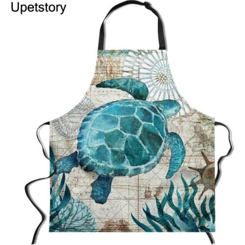 Upetstory Marine Life Turtle Octopus Printed Kitchen Apron for Women Men Sleeveless Linen Bibs Cooking Baking Cleaning Tools