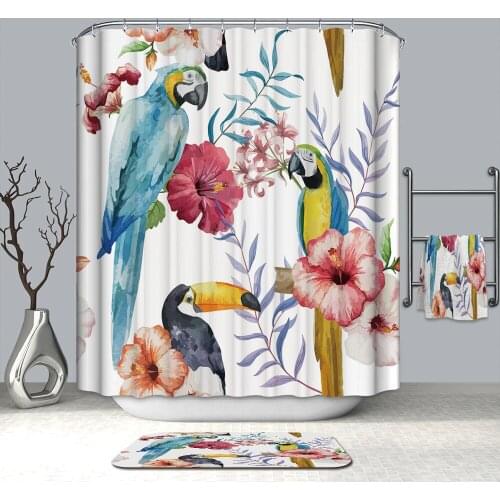 3D Cactus Flower Shower Curtains Tropical Plants and Parrot Waterproof Mildew Proof Thickened Bath Curtains for Bathroom