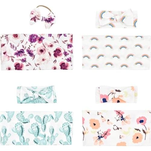 W3JF 2Pcs/Set Newborn Baby Receiving Blanket Headband Set Infant Floral Swaddle Wrap Sleeping Bag Hair Band Kit