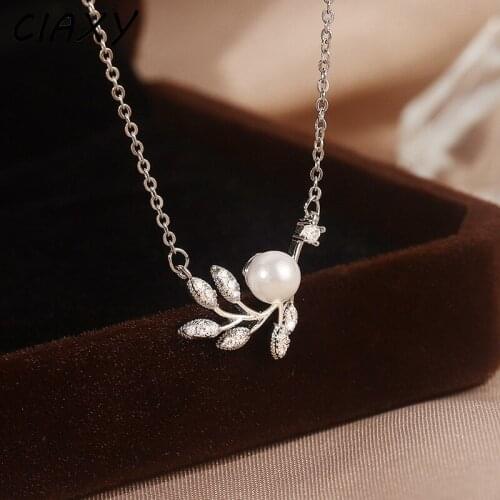 CIAXY 925 Sterling Silver Pearl Leaf Necklaces for Women Inlaid Zircon Pendant Choker Clavicle Chain 2021 Luxury Jewelry