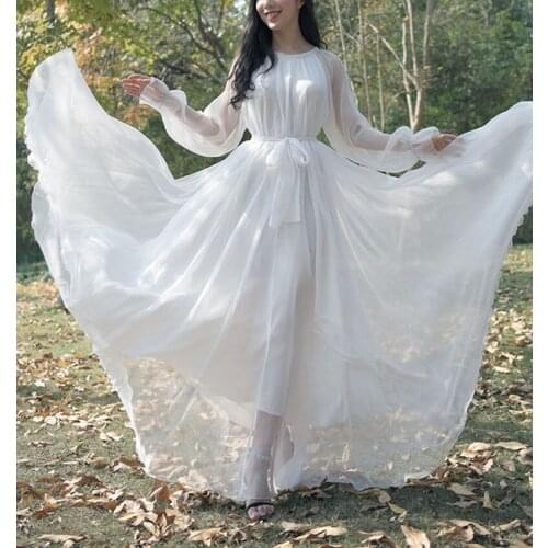 Female African Islam Clothing Flowy Chiffon High Quality Loose Belt Maxi Dress New Beach Party Bridesmaid PLus Size Dress White